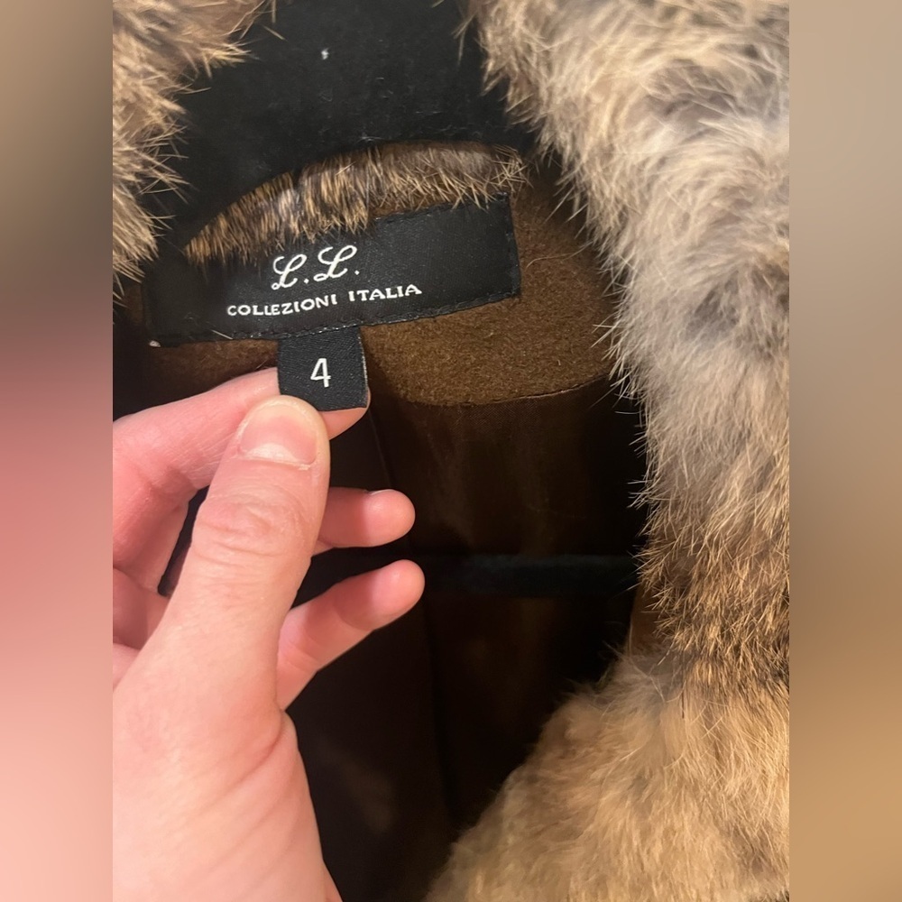 L.L. Collezioni Italia Brown Wool Blend Rabbit Fur Trim Peacoat Size 4 - Picture 3 of 9